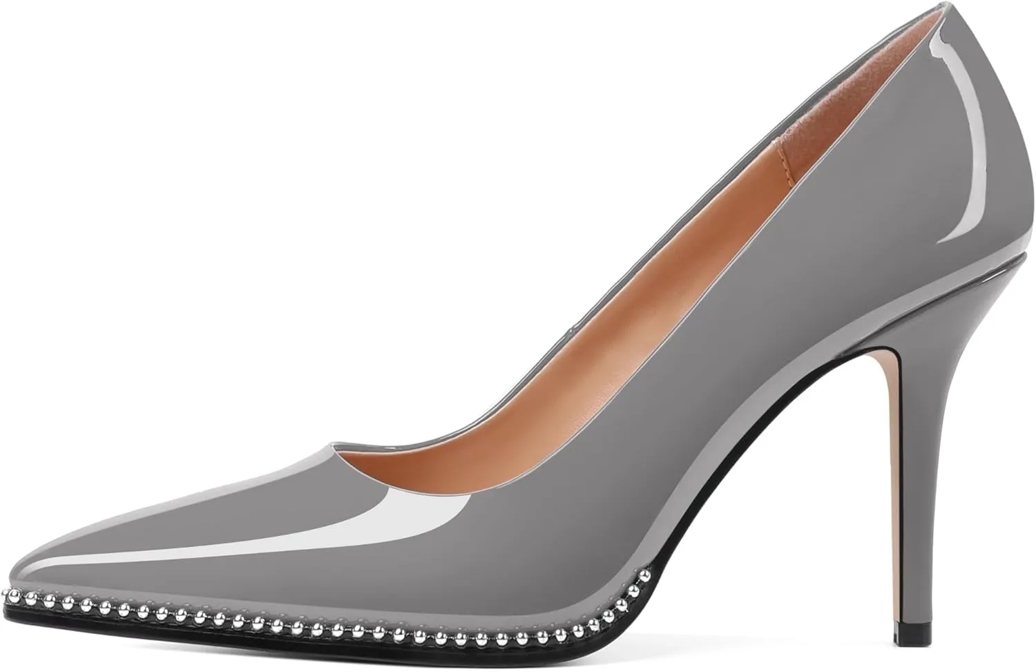 SAMMITOP Women Beaded Pumps Closed Pointed Toe High Heel Slip On Stilettos 3.5 Inch Sexy Heeled Dress Shoes Patent Leather