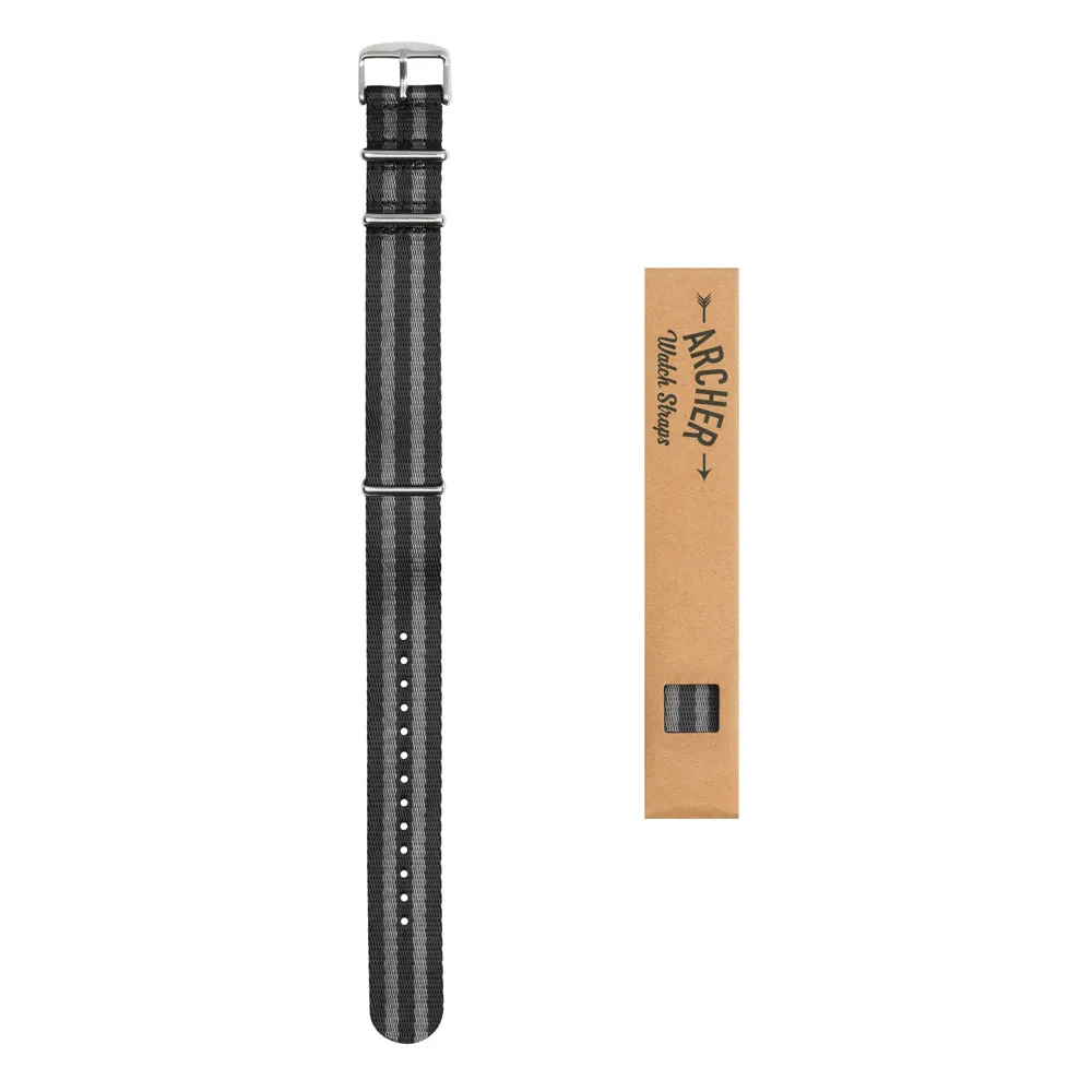 Seat Belt Nylon Military Style Watch Band - Black and Gray, Stainless Hardware