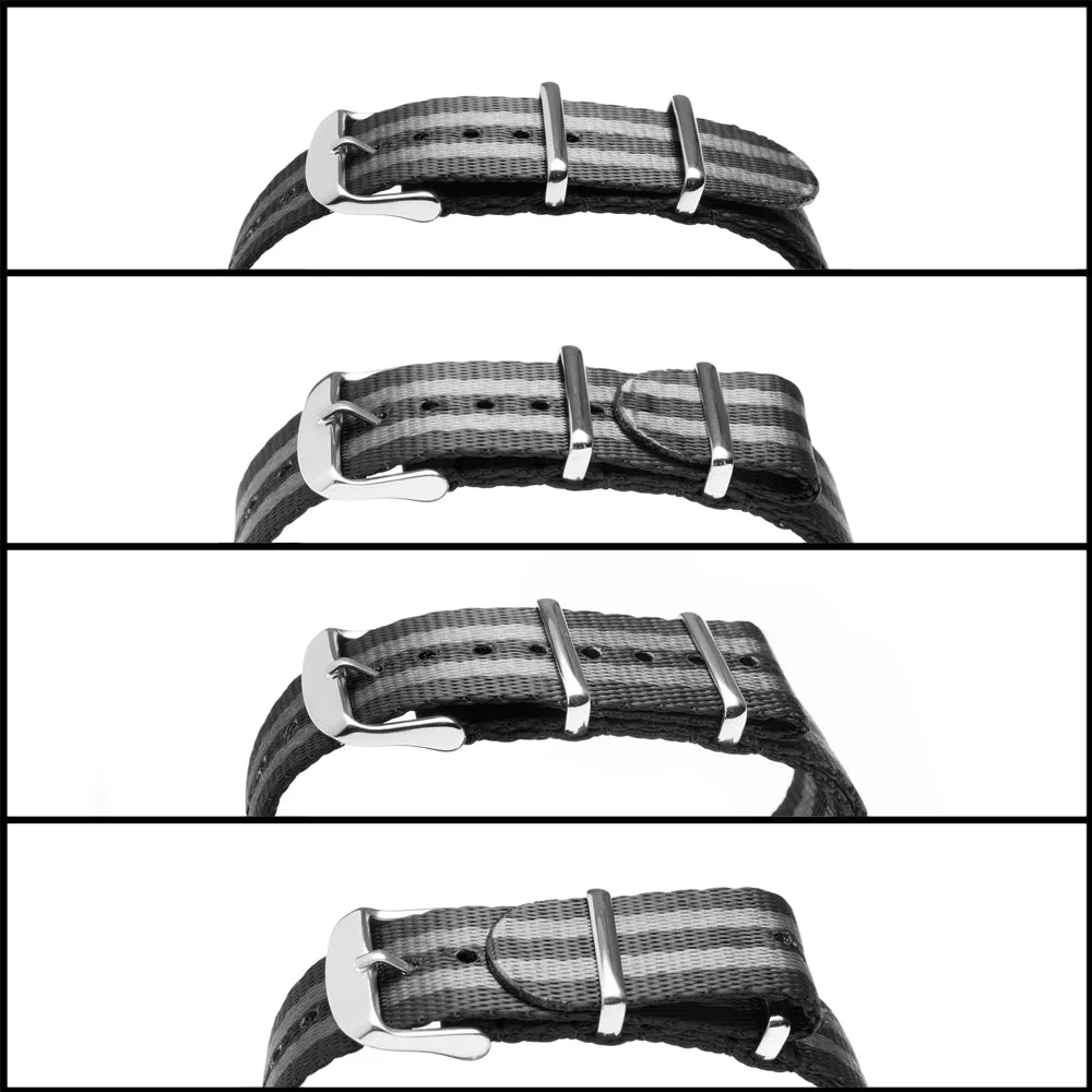 Seat Belt Nylon Military Style Watch Band - Black and Gray, Stainless Hardware
