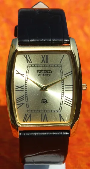 Seiko Quartz Japan Made Watch Two Hands Gold Plated Slim Case Golden Dial