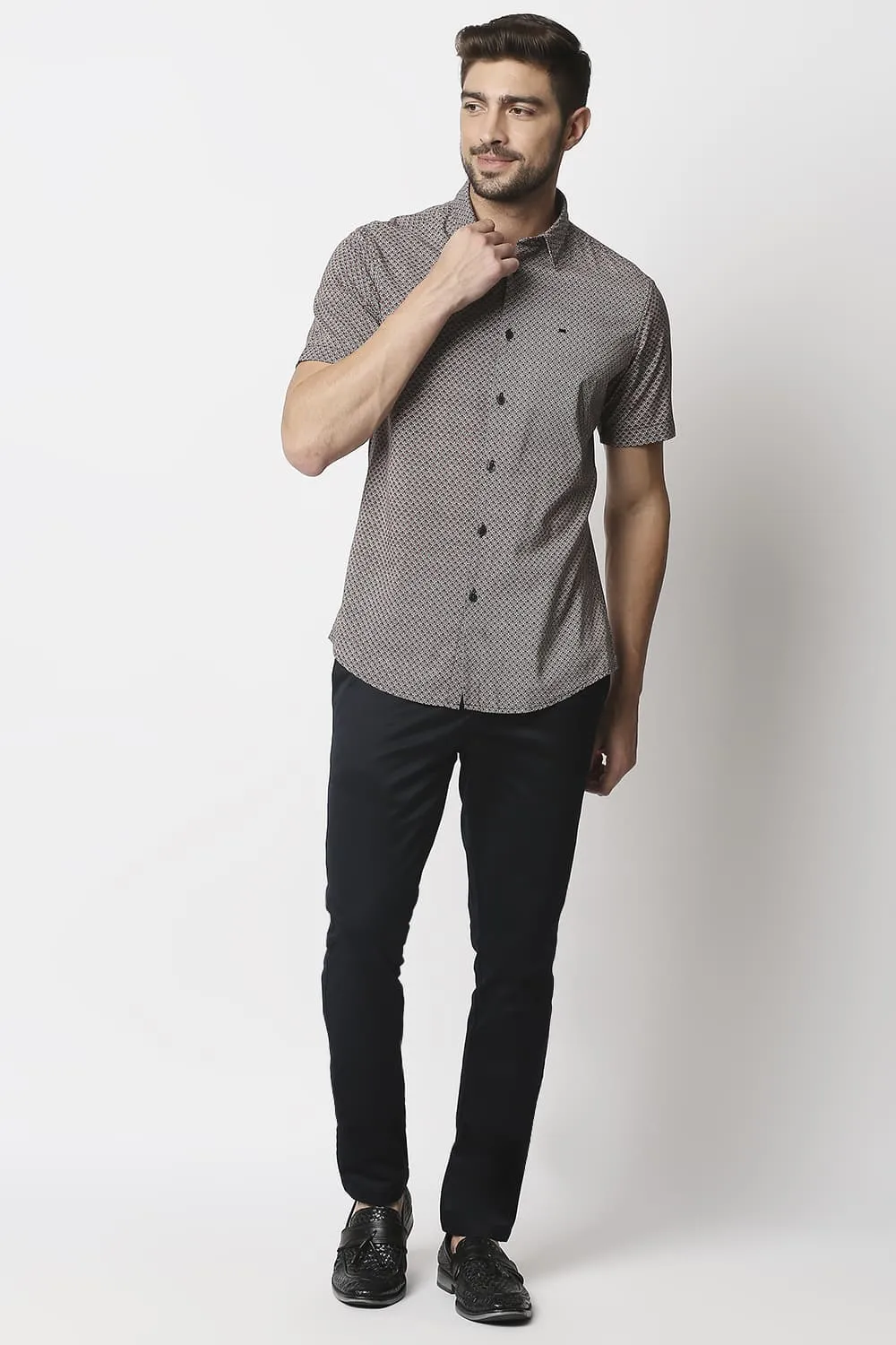 Slim Fit Cotton Viscose Printed Halfsleeves Shirt