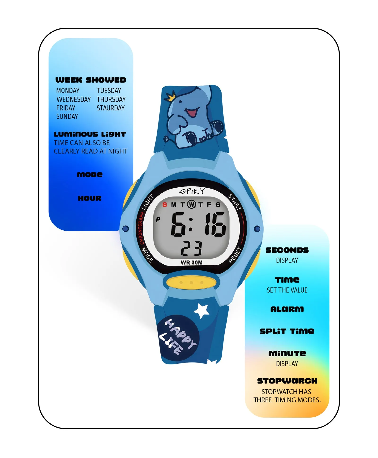 Spiky Eva18 Printed Strap Round Sports Digital Watch - Green