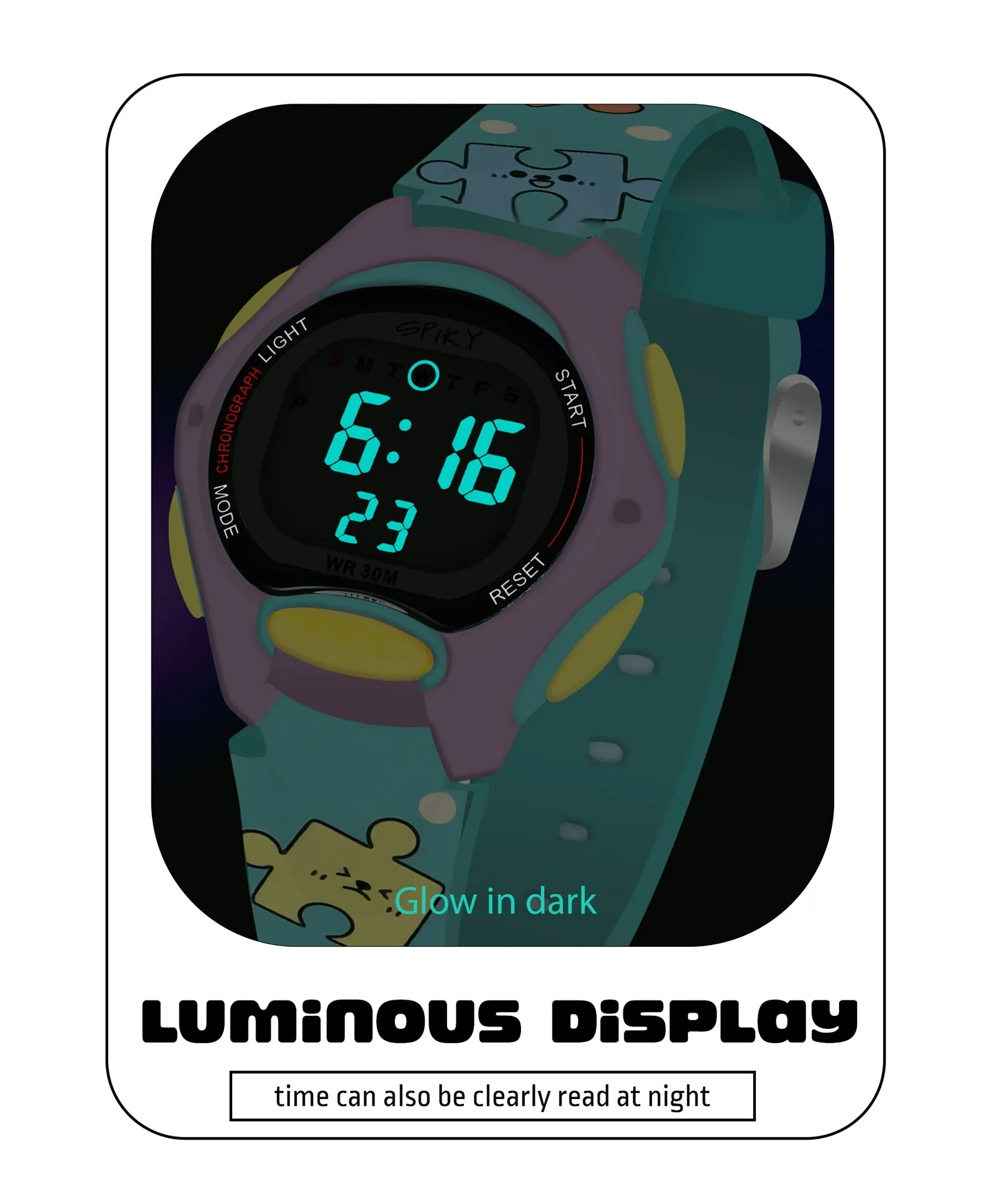 Spiky Eva18 Printed Strap Round Sports Digital Watch - Green