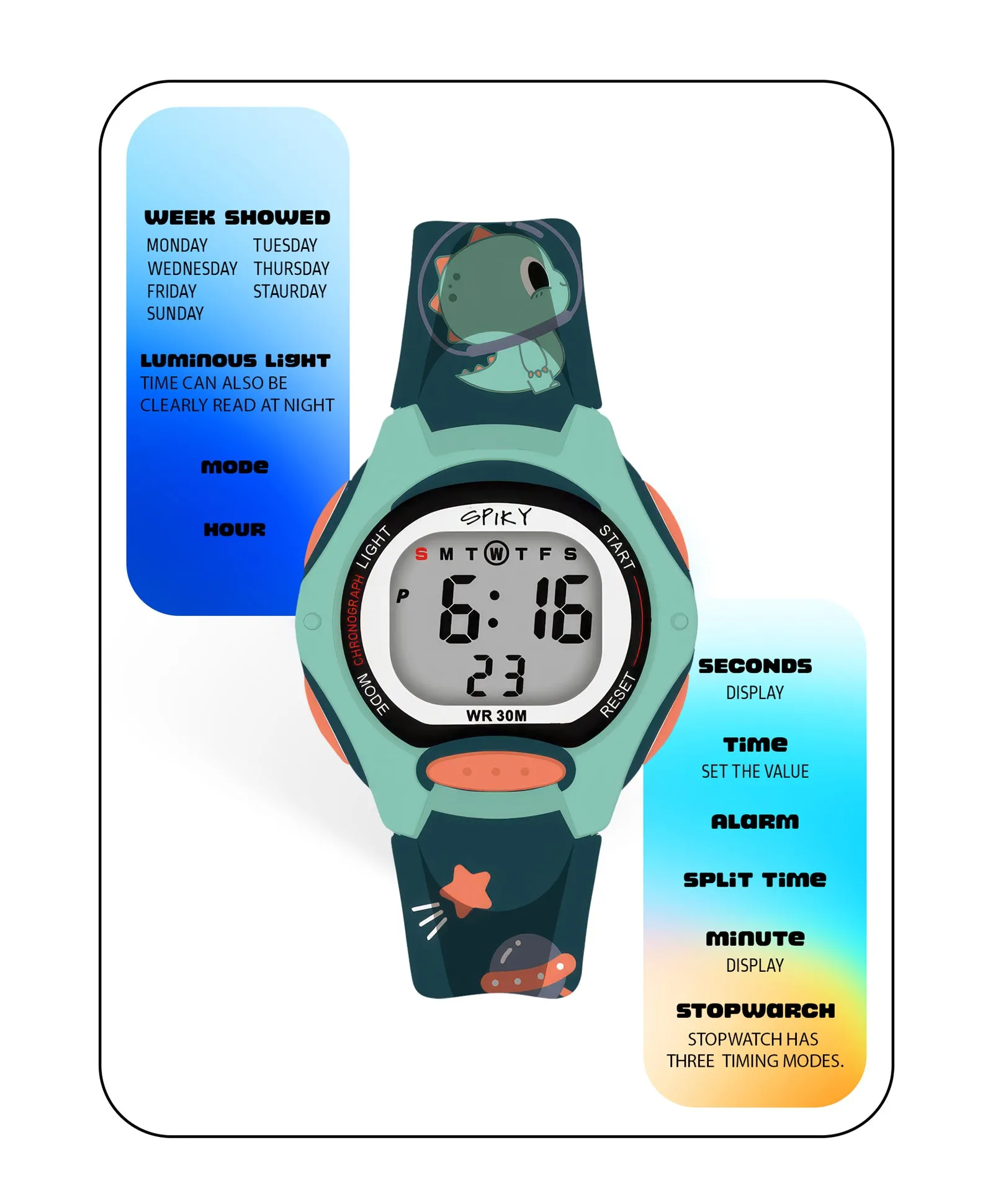 Spiky Eva18 Printed Strap Round Sports Digital Watch - Green