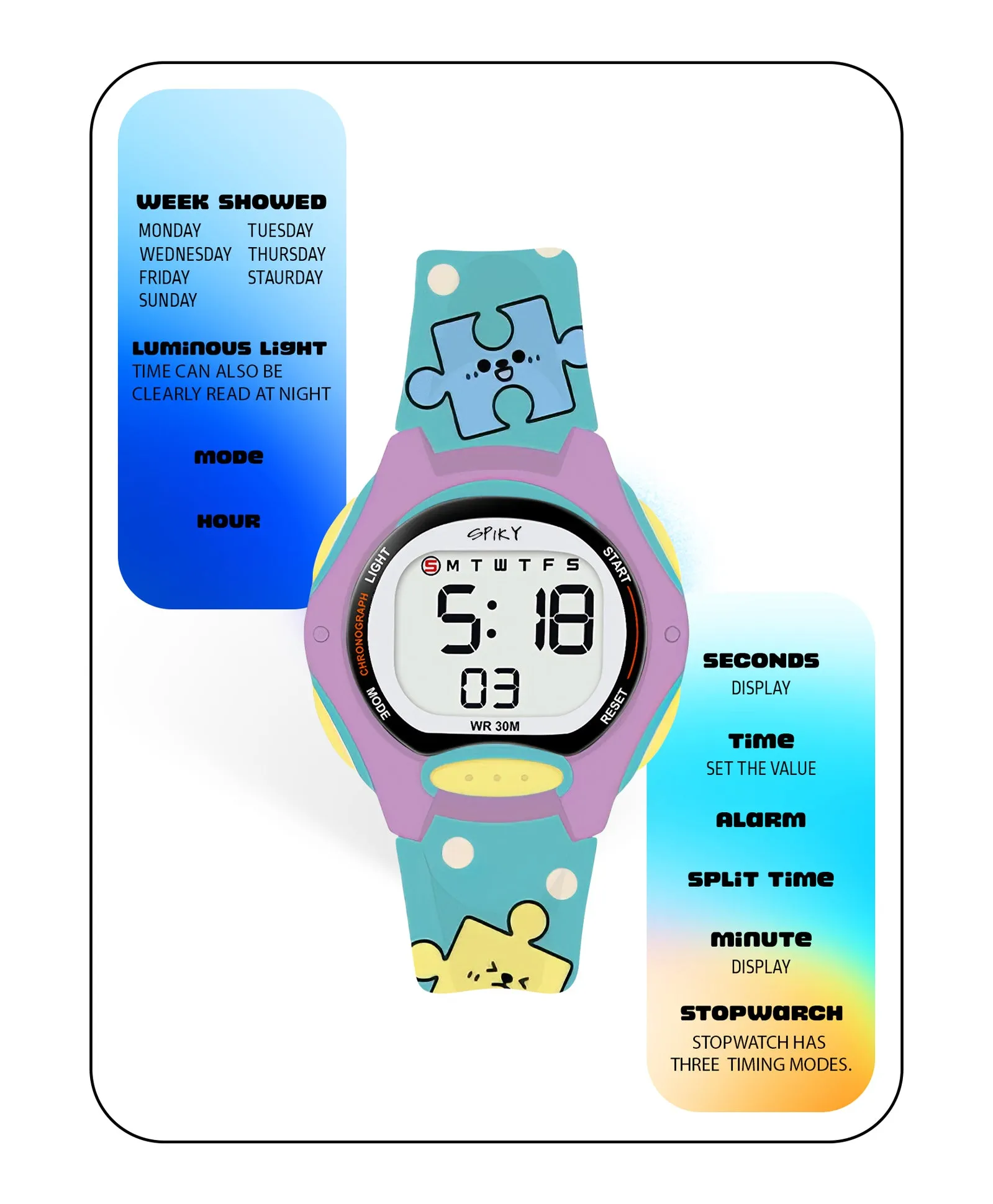 Spiky Eva18 Printed Strap Round Sports Digital Watch - Green