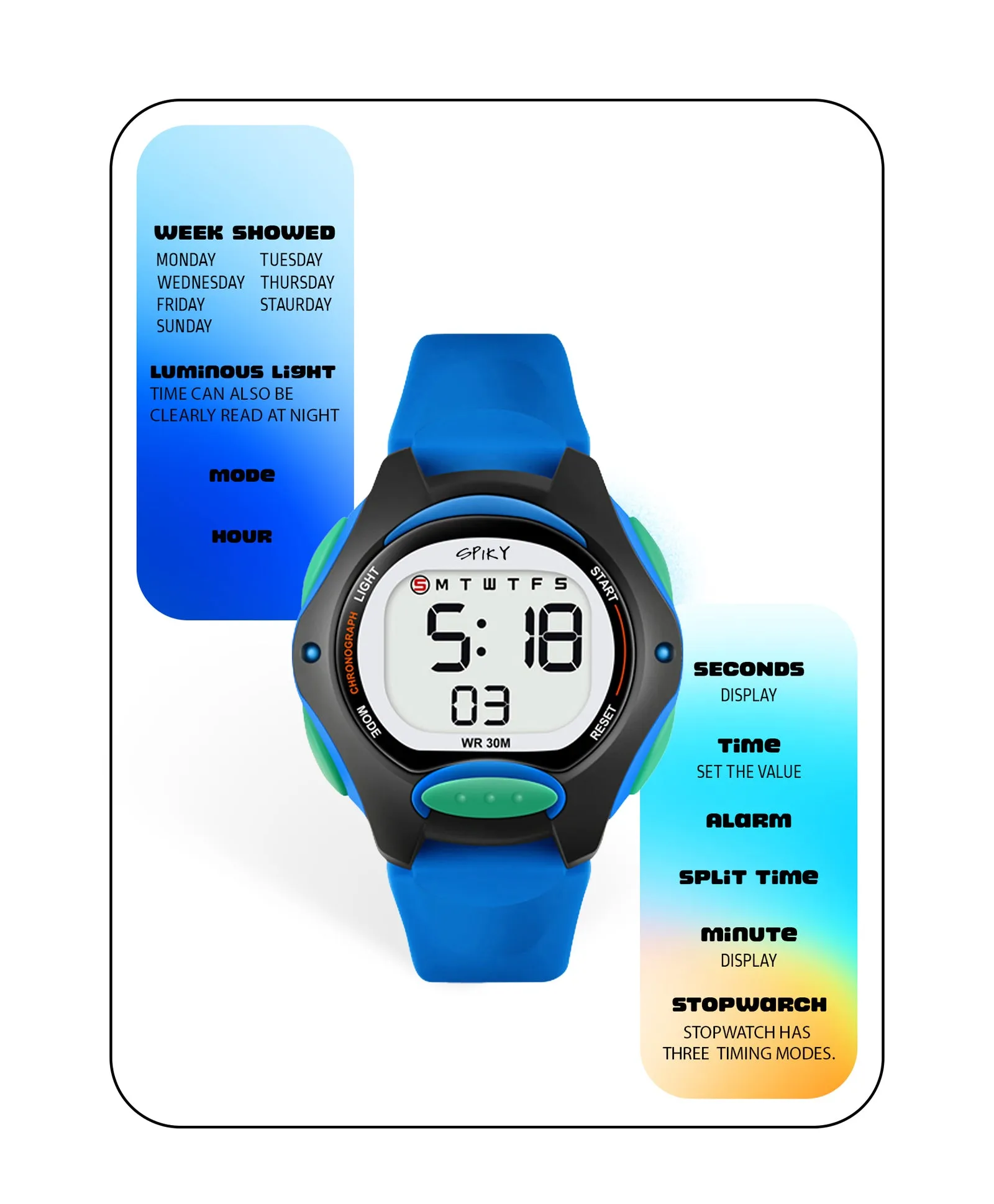 Spiky Round Digital Kids Sports Watch - Blue