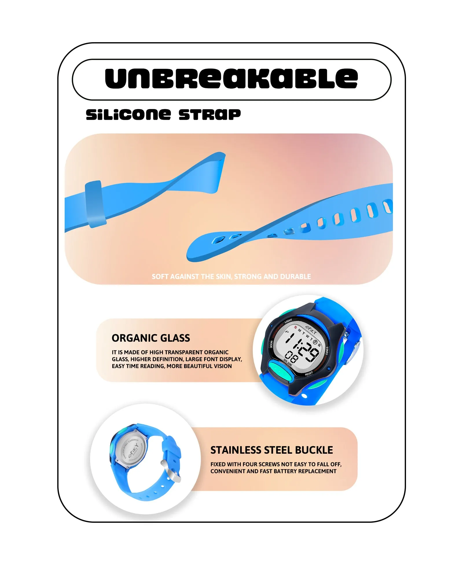 Spiky Round Digital Kids Sports Watch - Blue