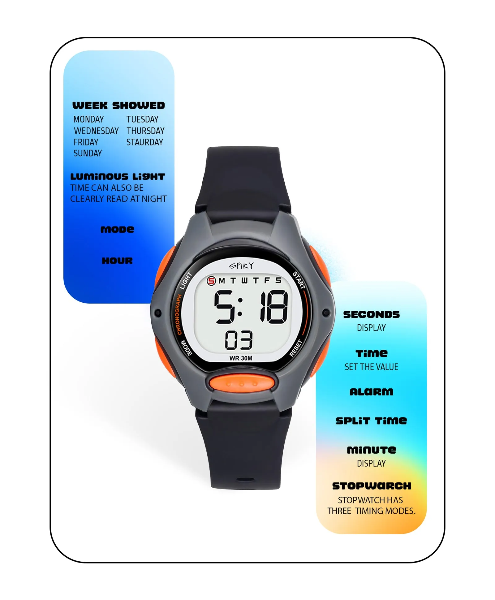 Spiky Round Digital Kids Sports Watch - Blue