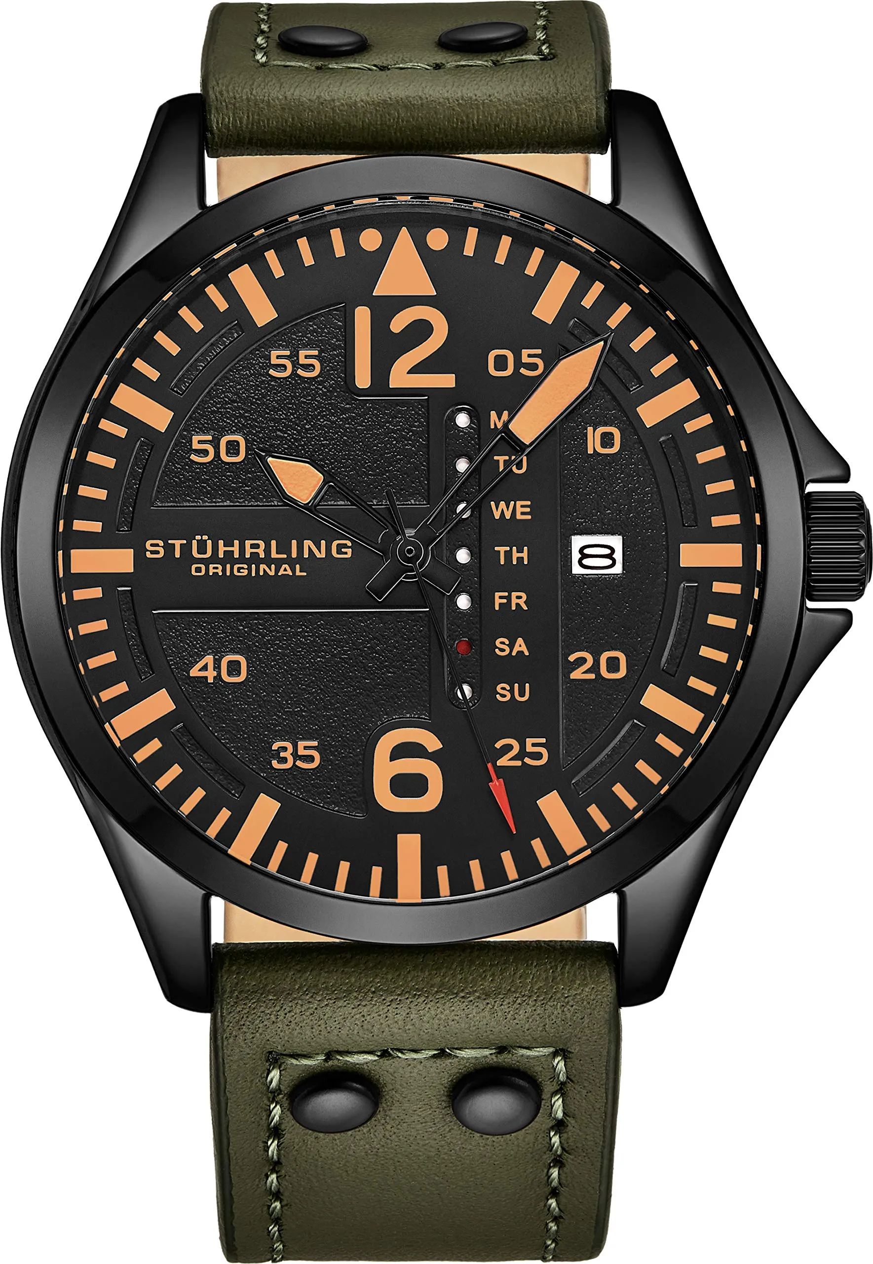 Stuhrling Men's Quartz Black Case, Black Dial, Green Leather Strap Watch