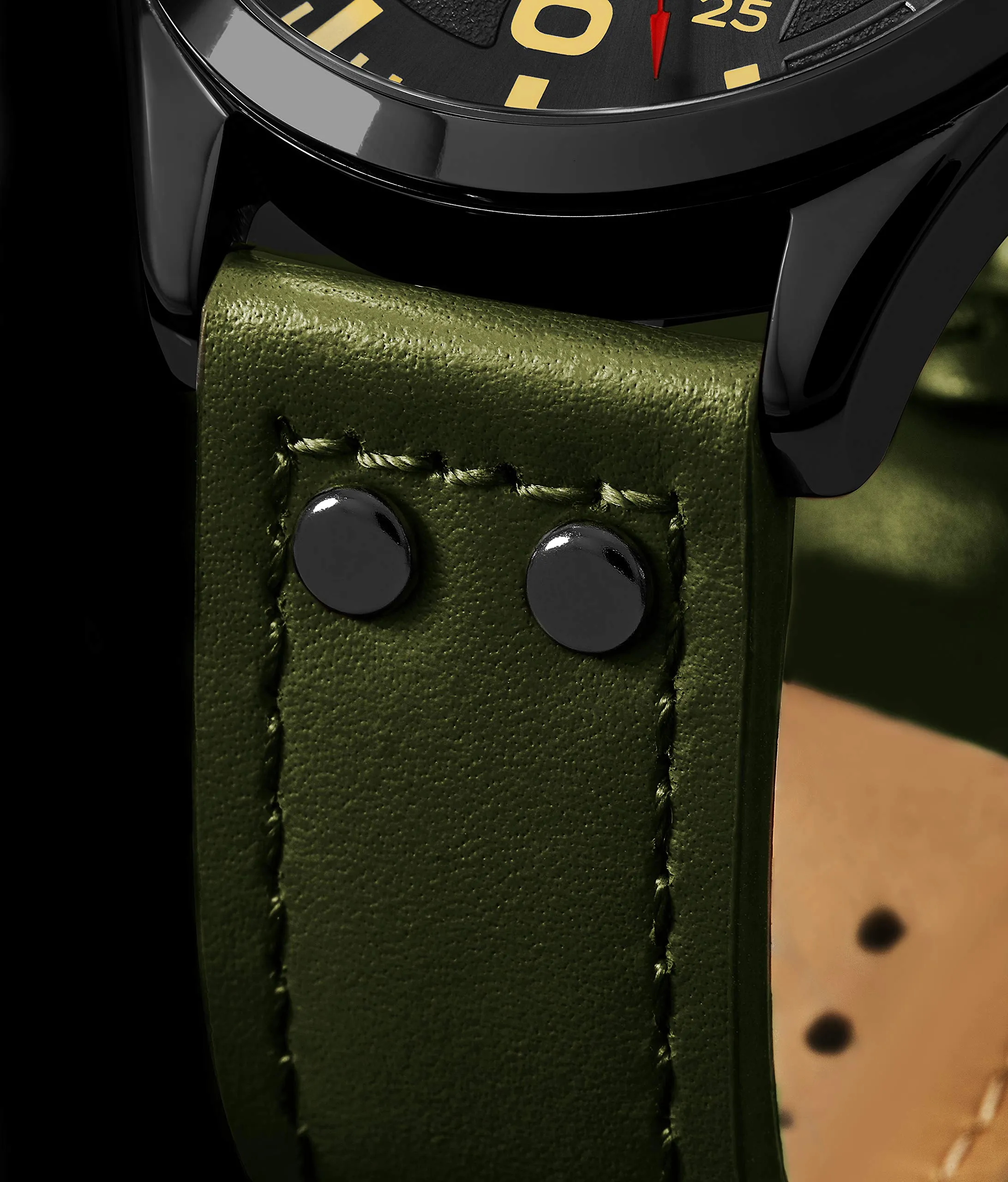 Stuhrling Men's Quartz Black Case, Black Dial, Green Leather Strap Watch