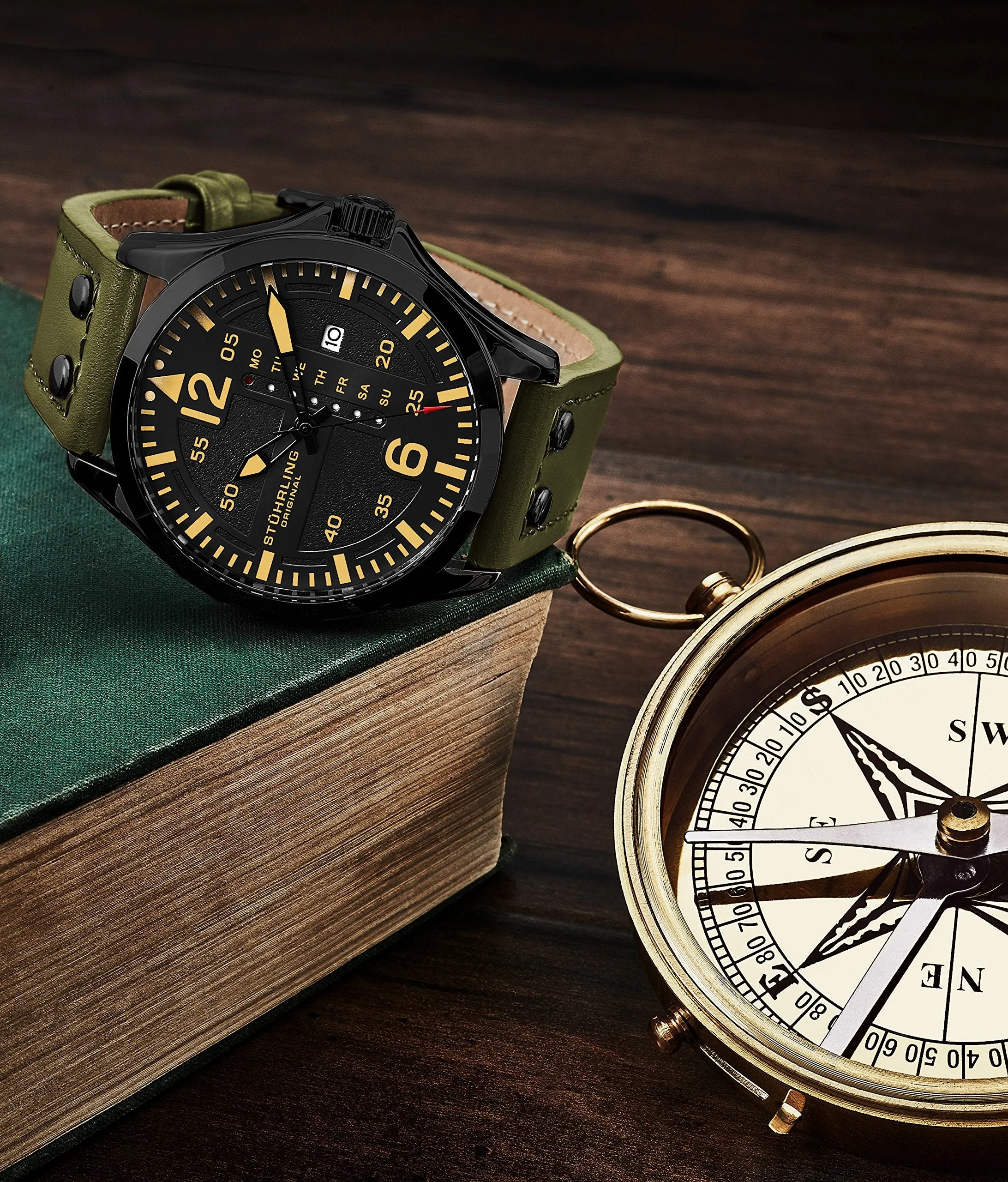Stuhrling Men's Quartz Black Case, Black Dial, Green Leather Strap Watch