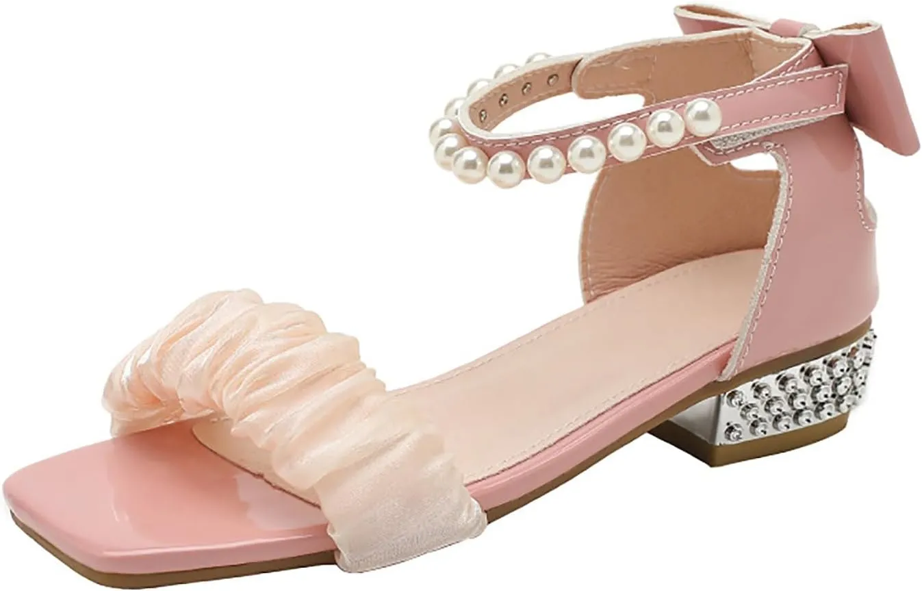 Summer Dress Shoes for Kid/Big Kid Children's Sandals With Pearls Sweet Lace Thick Heels Square Toe Soft Sole Children's Sandals