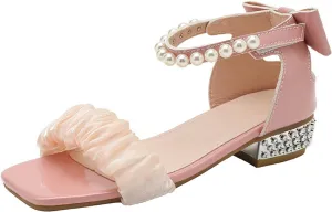 Summer Dress Shoes for Kid/Big Kid Children's Sandals With Pearls Sweet Lace Thick Heels Square Toe Soft Sole Children's Sandals