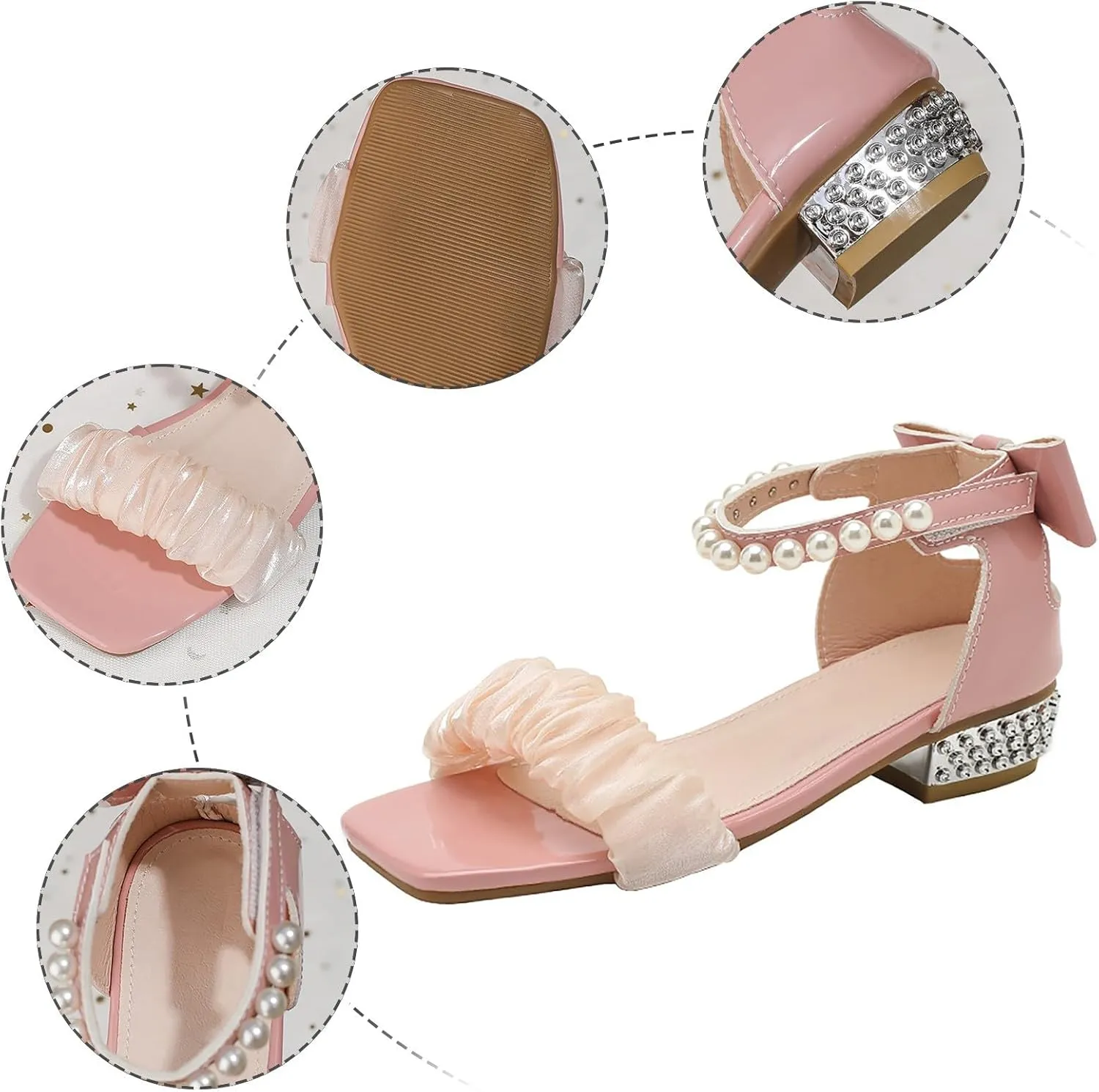 Summer Dress Shoes for Kid/Big Kid Children's Sandals With Pearls Sweet Lace Thick Heels Square Toe Soft Sole Children's Sandals