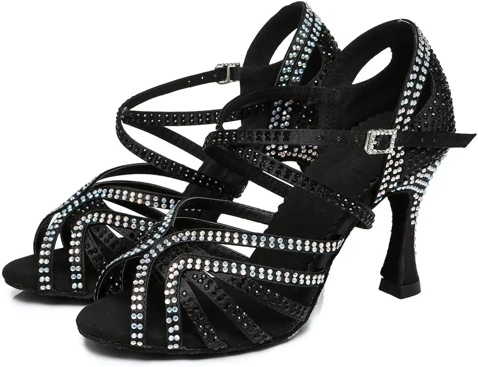 SWDZM Rhinestone Dance Shoes Women Latin Salsa Ballroom Bachata Performance Practice Dancing Shoes,Model-YCL450