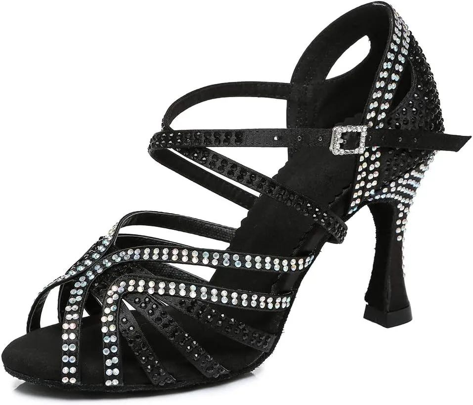 SWDZM Rhinestone Dance Shoes Women Latin Salsa Ballroom Bachata Performance Practice Dancing Shoes,Model-YCL450