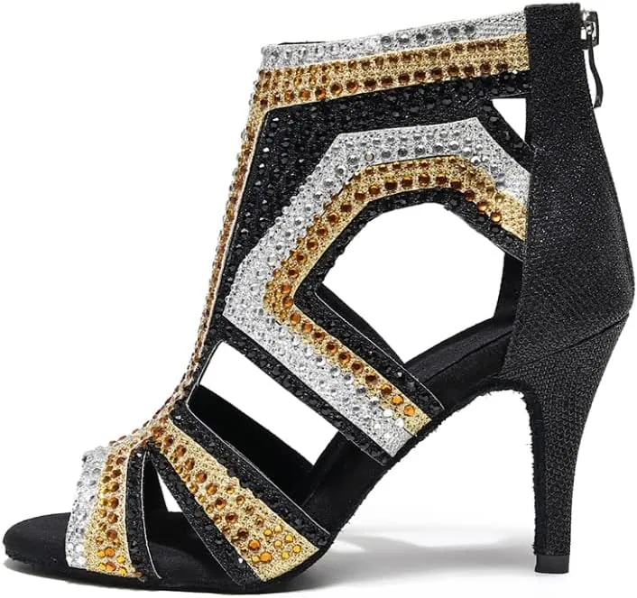 SWDZM Women Peep-Toe Latin Dance Shoes Rhinestone Salsa Tango Ballroom Professional Practice Performance Dance Boots,Model YCL485