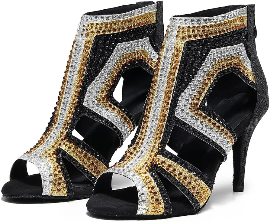 SWDZM Women Peep-Toe Latin Dance Shoes Rhinestone Salsa Tango Ballroom Professional Practice Performance Dance Boots,Model YCL485