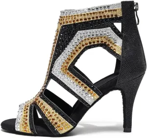 SWDZM Women Peep-Toe Latin Dance Shoes Rhinestone Salsa Tango Ballroom Professional Practice Performance Dance Boots,Model YCL485