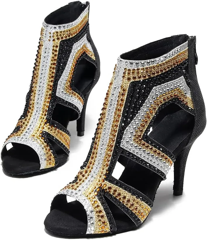 SWDZM Women Peep-Toe Latin Dance Shoes Rhinestone Salsa Tango Ballroom Professional Practice Performance Dance Boots,Model YCL485