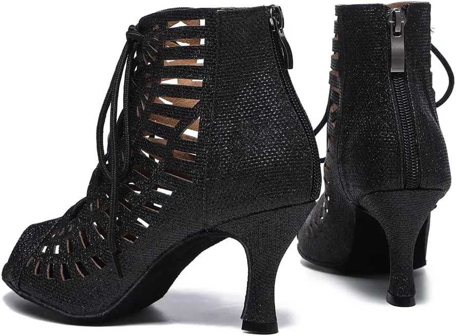 SWDZM Women Peep-Toe Latin Dance Shoes Rhinestone Salsa Tango Ballroom Professional Practice Performance Dance Boots,Model YCL485