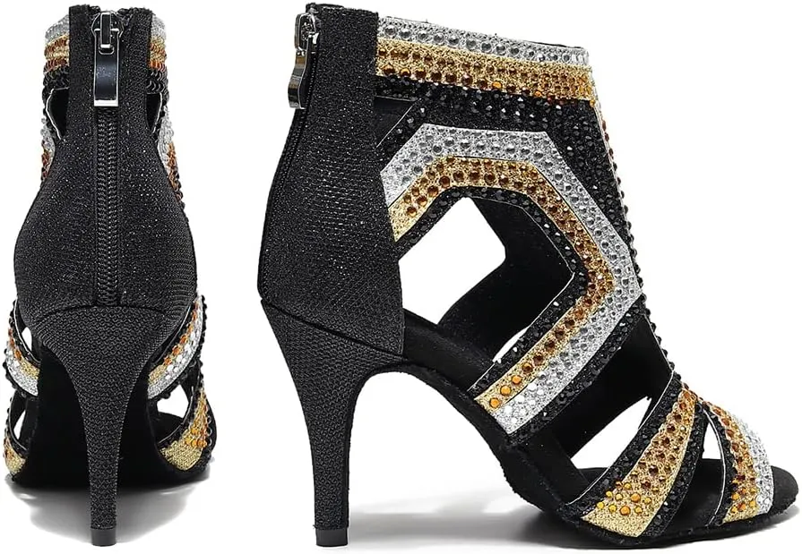 SWDZM Women Peep-Toe Latin Dance Shoes Rhinestone Salsa Tango Ballroom Professional Practice Performance Dance Boots,Model YCL485