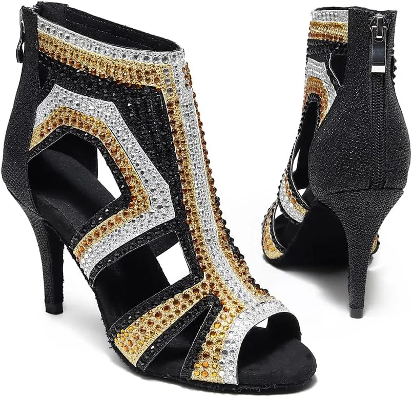 SWDZM Women Peep-Toe Latin Dance Shoes Rhinestone Salsa Tango Ballroom Professional Practice Performance Dance Boots,Model YCL485