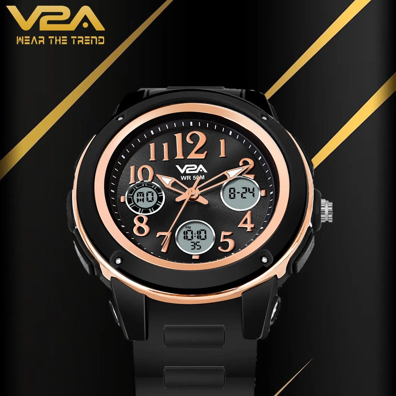 V2A Analog Digital 5ATM Waterproof Fashion Sports Watch with Backlight Alarm Stopwatch for Women and Girls (Black Color Dial and Strap)