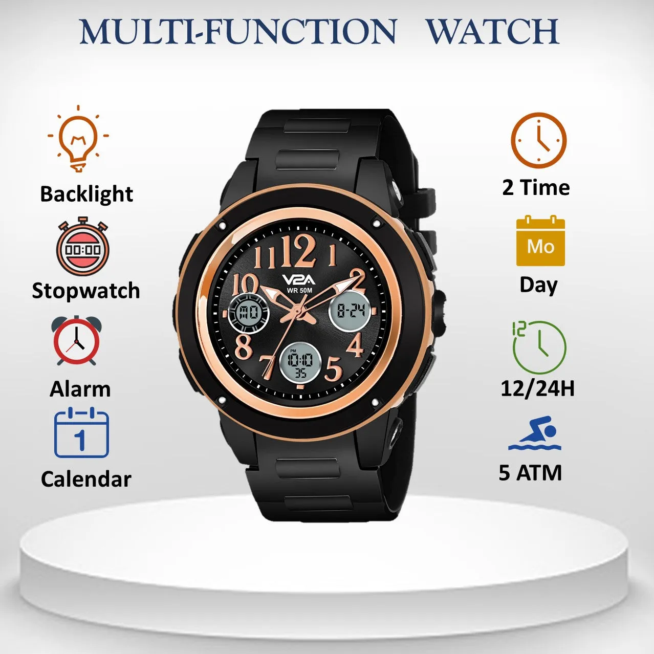 V2A Analog Digital 5ATM Waterproof Fashion Sports Watch with Backlight Alarm Stopwatch for Women and Girls (Black Color Dial and Strap)