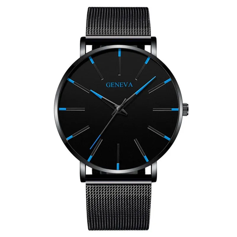 Watches: by Geneva. Minimalist Styling. Ultra Thin. Blue Stainless Steel Mesh. Quartz.