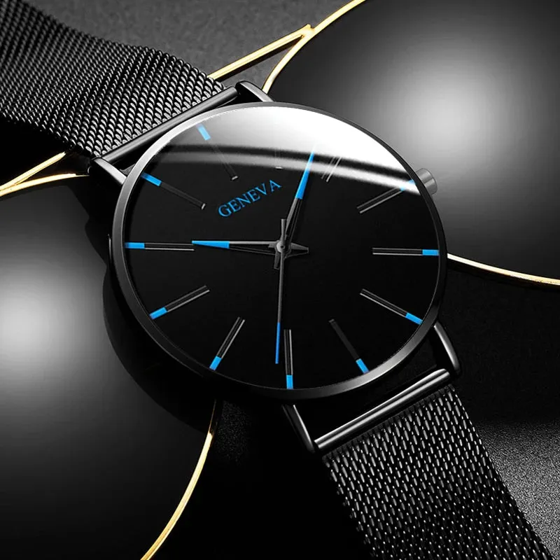 Watches: by Geneva. Minimalist Styling. Ultra Thin. Blue Stainless Steel Mesh. Quartz.