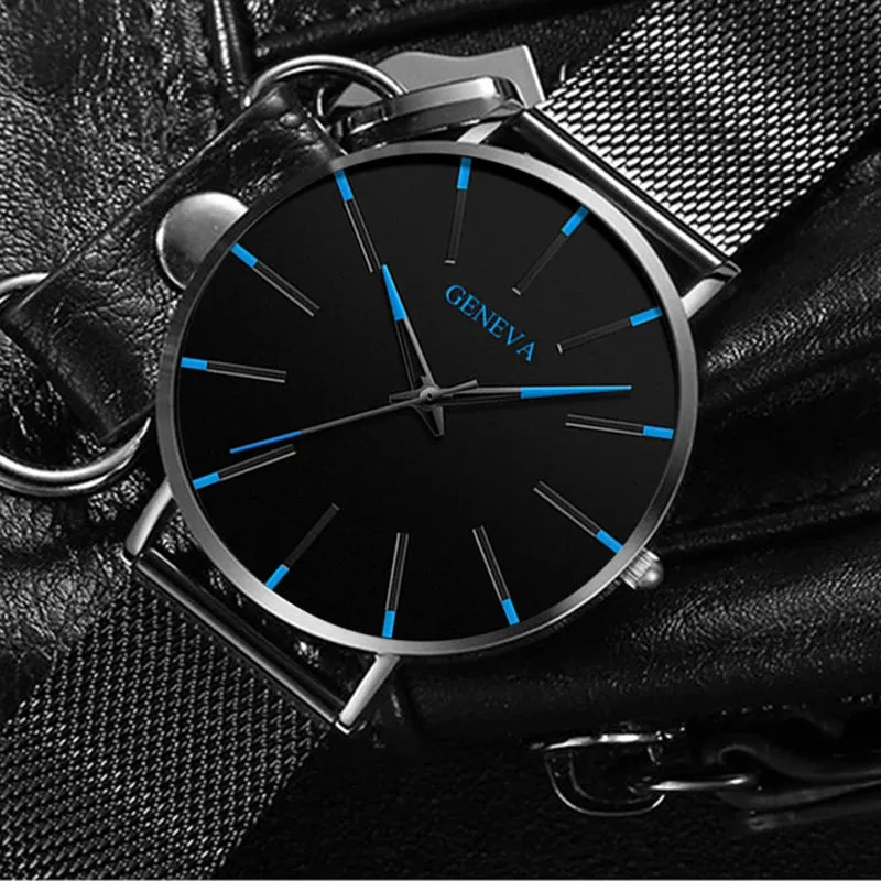 Watches: by Geneva. Minimalist Styling. Ultra Thin. Blue Stainless Steel Mesh. Quartz.