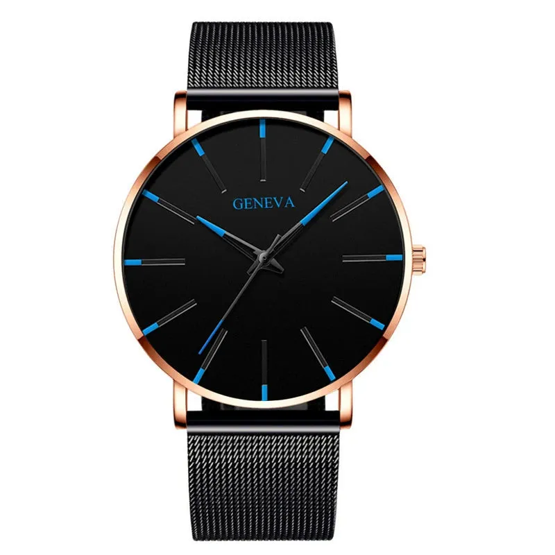 Watches: by Geneva. Minimalist Styling. Ultra Thin. Blue Stainless Steel Mesh. Quartz.