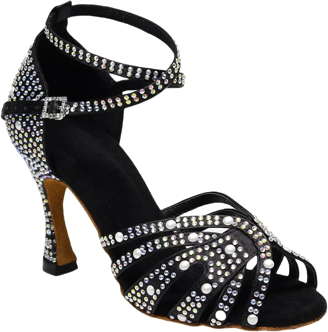 Womens Rhinestone Salsa Latin Dance Shoes Ballroom Satin Dance Shoe Bachata Practice Dancing Shoes