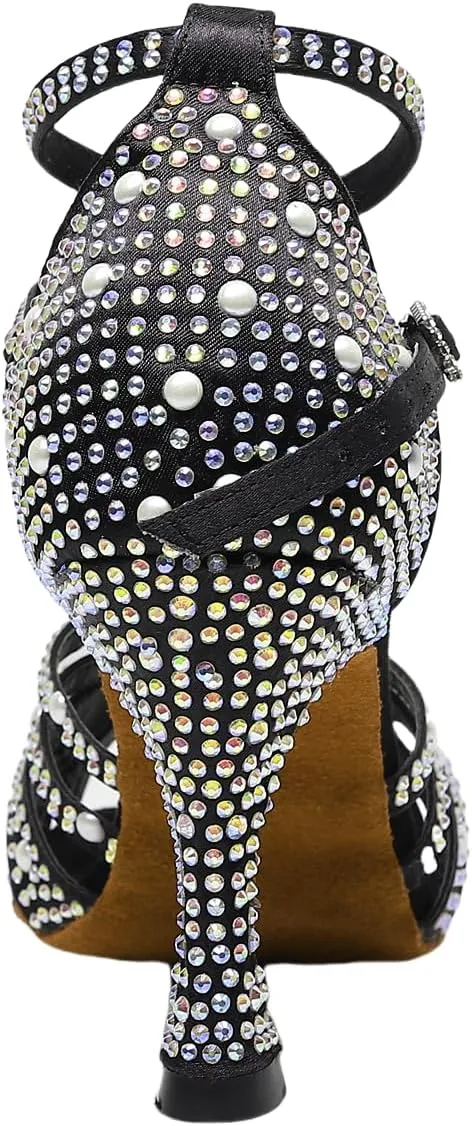 Womens Rhinestone Salsa Latin Dance Shoes Ballroom Satin Dance Shoe Bachata Practice Dancing Shoes