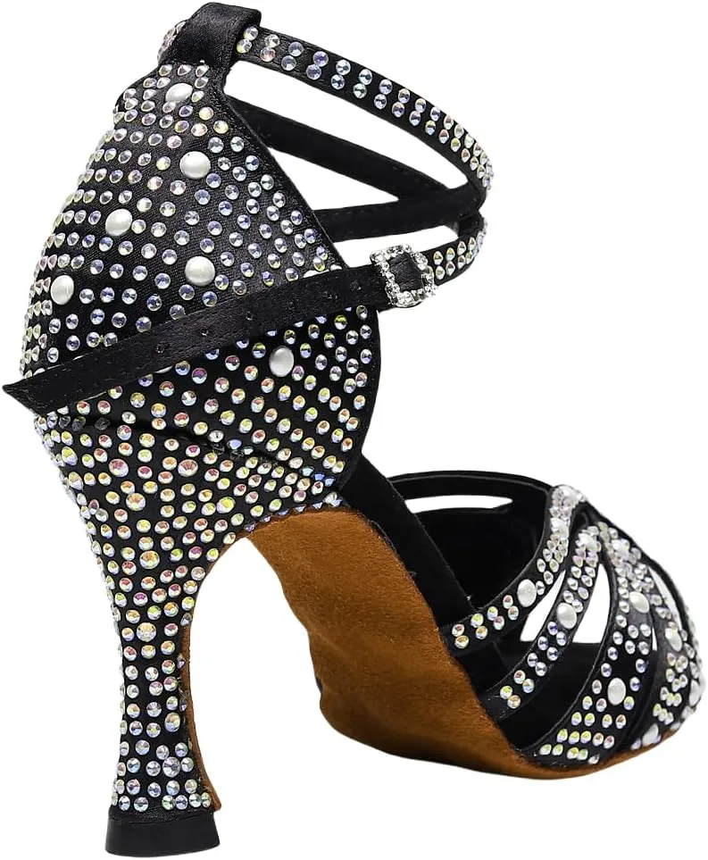 Womens Rhinestone Salsa Latin Dance Shoes Ballroom Satin Dance Shoe Bachata Practice Dancing Shoes
