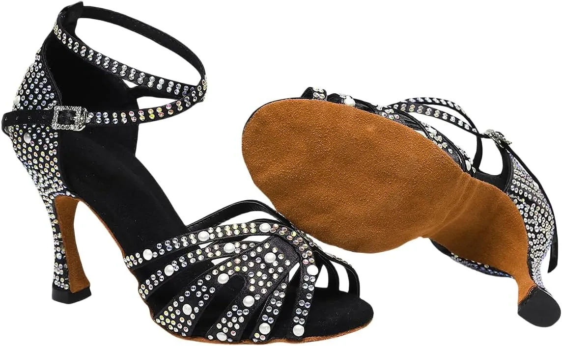 Womens Rhinestone Salsa Latin Dance Shoes Ballroom Satin Dance Shoe Bachata Practice Dancing Shoes