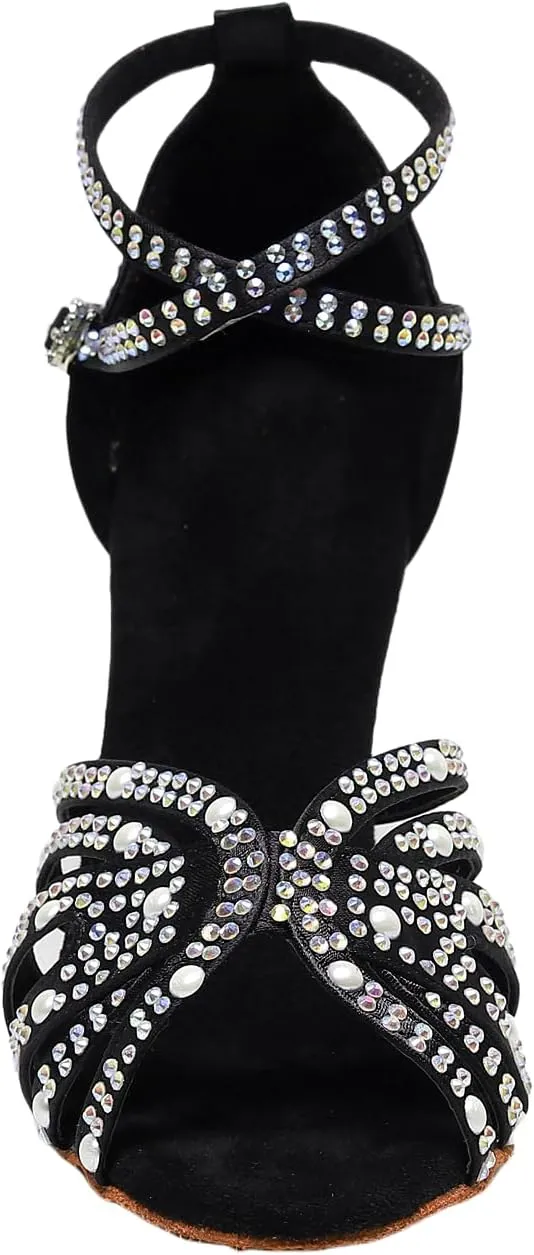 Womens Rhinestone Salsa Latin Dance Shoes Ballroom Satin Dance Shoe Bachata Practice Dancing Shoes