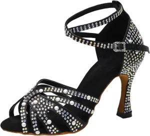 Womens Rhinestone Salsa Latin Dance Shoes Ballroom Satin Dance Shoe Bachata Practice Dancing Shoes