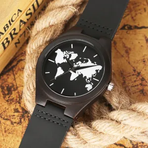 World Map Watches Men's Natural Wood Watch Minimalist Worldwide Tour Men Quartz Genuine Leather Band Clock - 2 Colors available